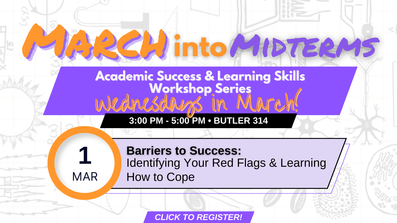 Flyer for March into Midterms workshop. Barriers to Success: Identifying your red flags and learning how to cope. March 1, 3 to 5pm in Butler 314. Workshops are every Wednesday in March. Click image to register.